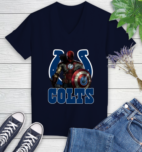 NFL Captain America Thor Spider Man Hawkeye Avengers Endgame Football Indianapolis Colts Women's V-Neck T-Shirt 3