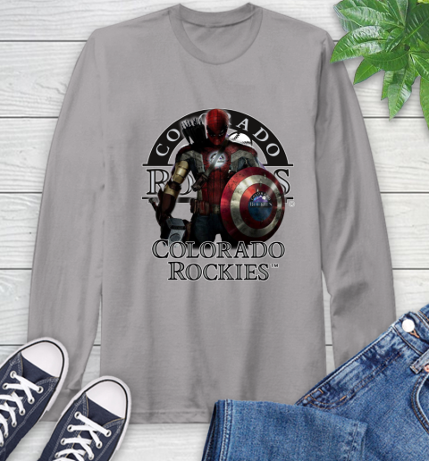MLB Captain America Thor Spider Man Hawkeye Avengers Endgame Baseball Colorado Rockies Long Sleeve T-Shirt 6