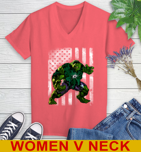 Dallas Stars Hulk Marvel Avengers NHL Hockey American Flag Women's V-Neck T-Shirt 6
