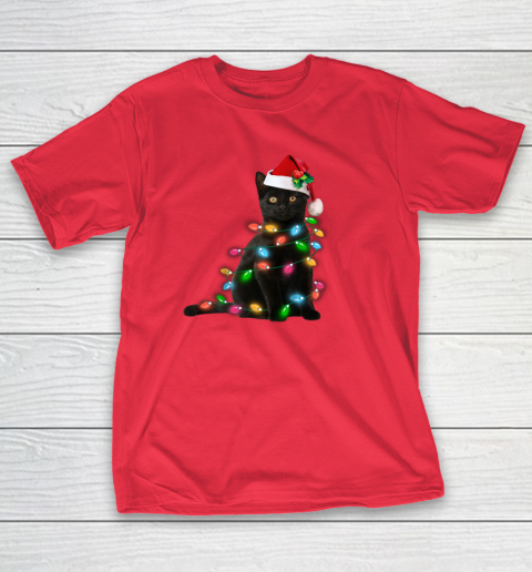 Black Cat christmas light tshirt funny cat lover christmas T-Shirt 7
