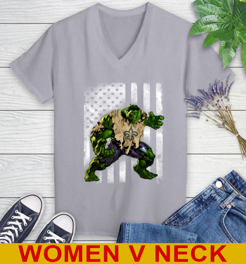 New Orleans Saints Hulk Marvel Avengers NFL Football American Flag Women's V-Neck T-Shirt 4