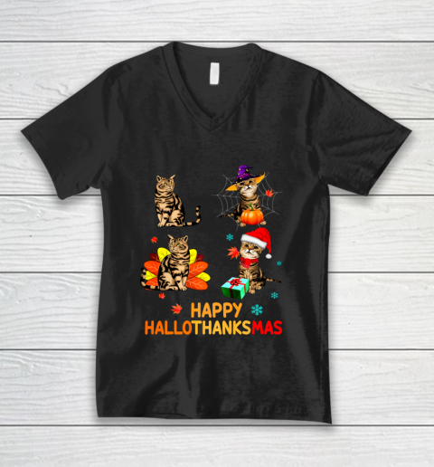 Cat Halloween Thanksgiving Christmas Happy Hallothanksmas V-Neck T-Shirt