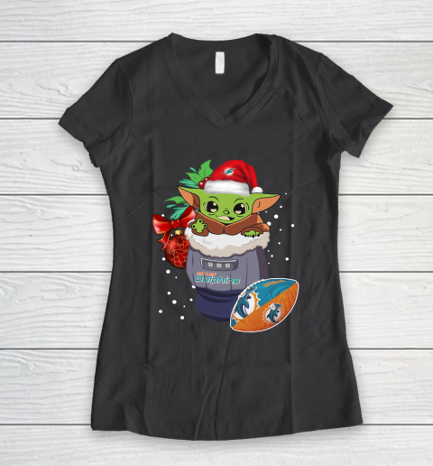 Miami Dolphins Christmas Baby Yoda Star Wars Funny Happy NFL Women's V-Neck T-Shirt 8