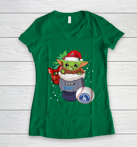 Los Angeles Dodgers Christmas Baby Yoda Star Wars Funny Happy MLB Women's V-Neck T-Shirt 5