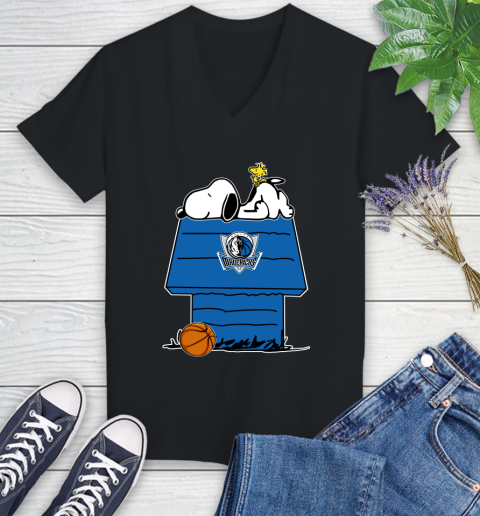 Dallas Mavericks NBA Basketball Snoopy Woodstock The Peanuts Movie Women's V-Neck T-Shirt 2