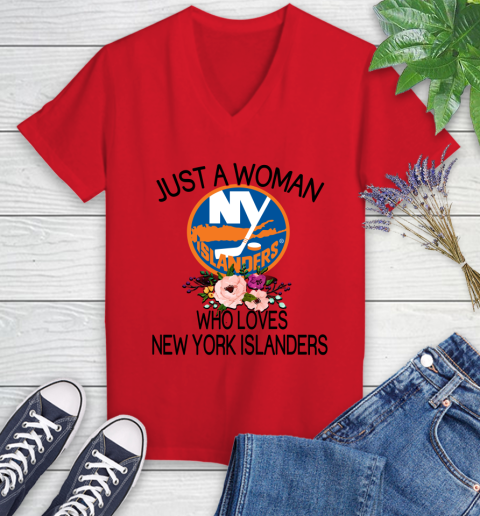 NHL Just A Woman Who Loves New York Islanders Hockey Sports Women's V-Neck T-Shirt 7