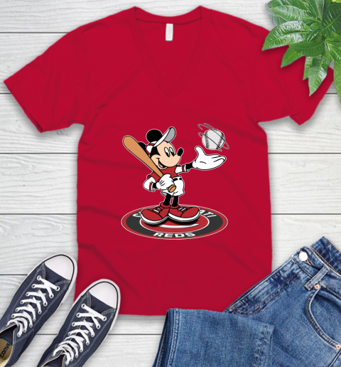 MLB Baseball Cincinnati Reds Cheerful Mickey Disney Shirt V-Neck T-Shirt 7