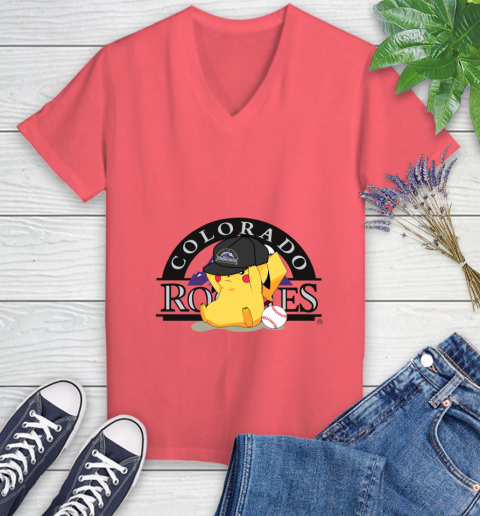 MLB Pikachu Baseball Sports Colorado Rockies Women's V-Neck T-Shirt 6