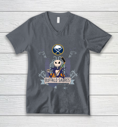 NHL Buffalo Sabres Hockey Jack Skellington Halloween V-Neck T-Shirt 4