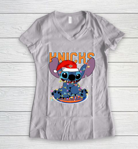 New York Knicks NBA noel stitch Basketball Christmas Women's V-Neck T-Shirt
