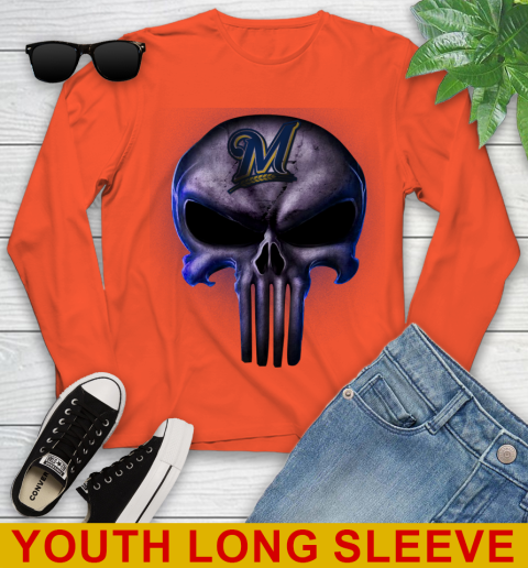 Milwaukee Brewers MLB Baseball Punisher Skull Sports Youth Long Sleeve 3
