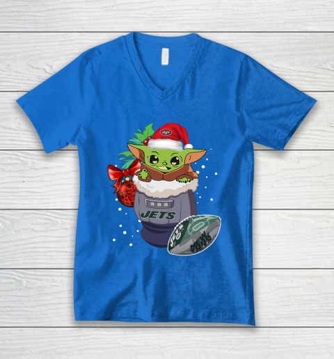 New York Jets Christmas Baby Yoda Star Wars Funny Happy NFL V-Neck T-Shirt 6