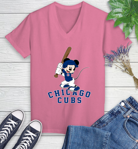 MLB Baseball Chicago Cubs Cheerful Mickey Mouse Shirt Women's V-Neck T-Shirt 11
