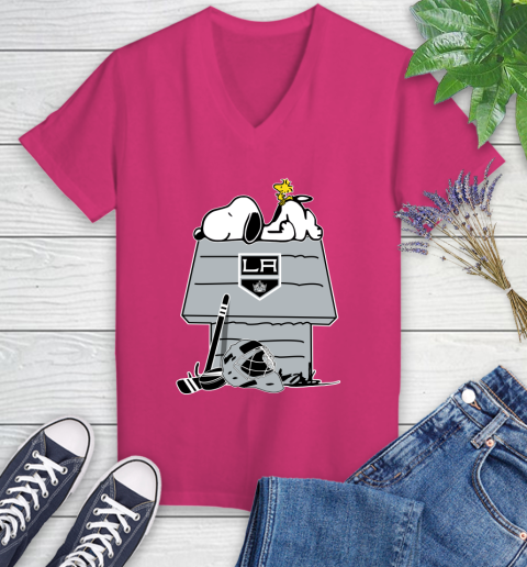 Los Angeles Kings NHL Hockey Snoopy Woodstock The Peanuts Movie Women's V-Neck T-Shirt 9