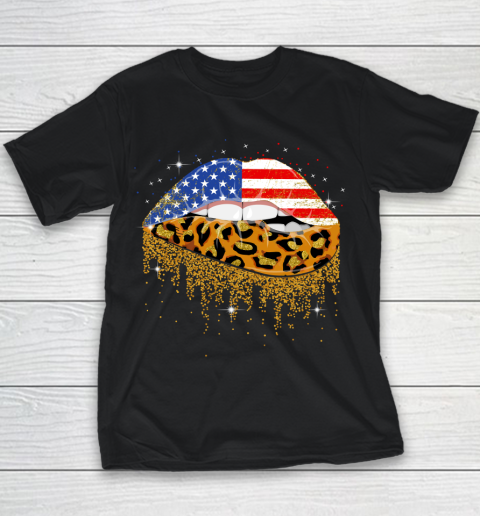 Women's American Flag Leopard Lips 4th Of July USA Mouth Youth T-Shirt