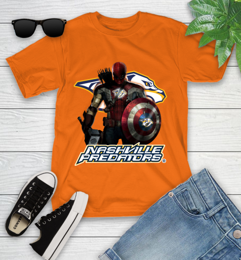 NHL Captain America Thor Spider Man Hawkeye Avengers Endgame Hockey Nashville Predators Youth T-Shirt 7
