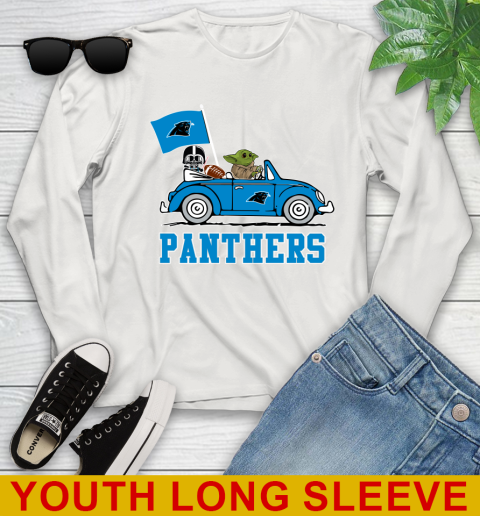 NFL Football Carolina Panthers Darth Vader Baby Yoda Driving Star Wars Shirt Youth Long Sleeve 12
