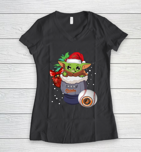 Baltimore Orioles Christmas Baby Yoda Star Wars Funny Happy MLB Women's V-Neck T-Shirt 8
