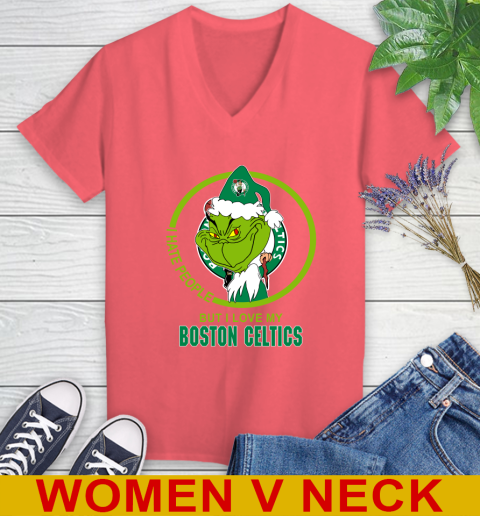 Boston Celtics NBA Christmas Grinch I Hate People But I Love My Favorite Basketball Team Women's V-Neck T-Shirt 7