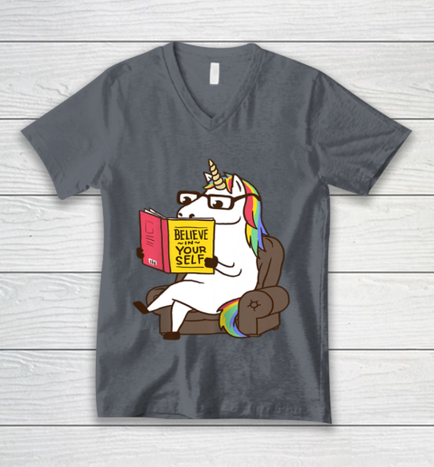 Unicorn Shirt Believe in Yourself Motivational Book Lover V-Neck T-Shirt 5