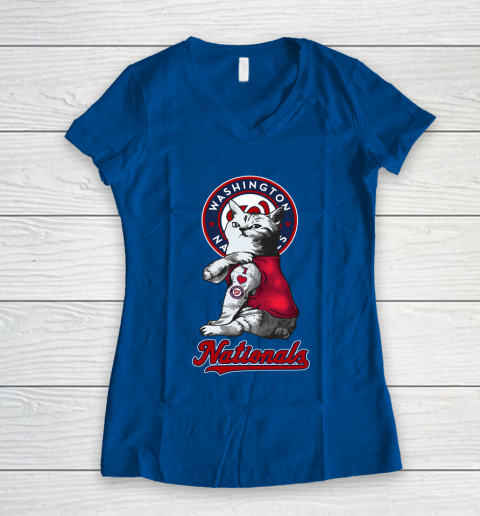 MLB Baseball My Cat Loves Washington Nationals Women's V-Neck T-Shirt 7