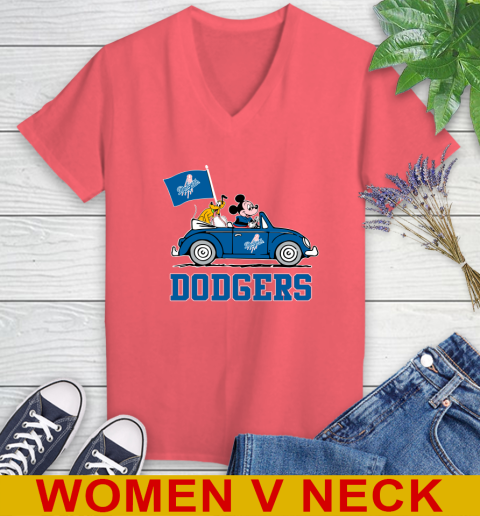 MLB Baseball Los Angeles Dodgers Pluto Mickey Driving Disney Shirt Women's V-Neck T-Shirt 7