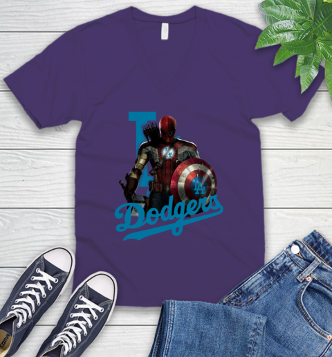 MLB Captain America Thor Spider Man Hawkeye Avengers Endgame Baseball Los Angeles Dodgers V-Neck T-Shirt 10