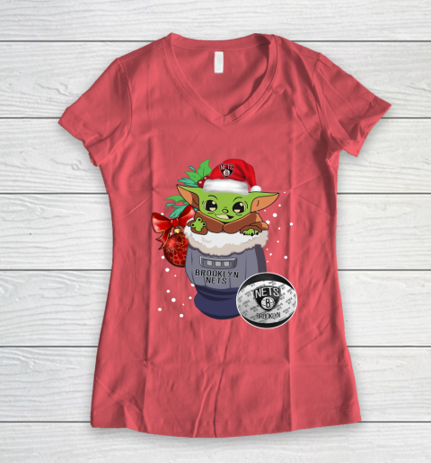 Brooklyn Nets Christmas Baby Yoda Star Wars Funny Happy NBA Women's V-Neck T-Shirt 6