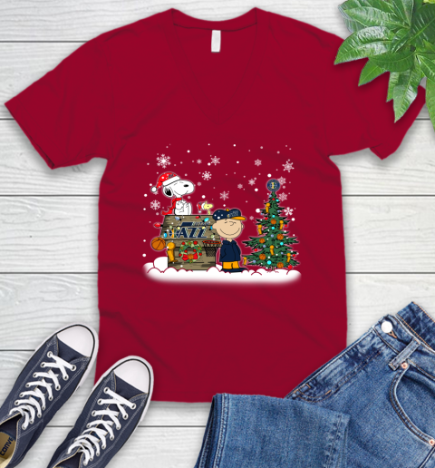 Utah Jazz NBA Basketball Christmas The Peanuts Movie Snoopy Championship V-Neck T-Shirt 7