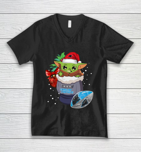 Carolina Panthers Christmas Baby Yoda Star Wars Funny Happy NFL V-Neck T-Shirt