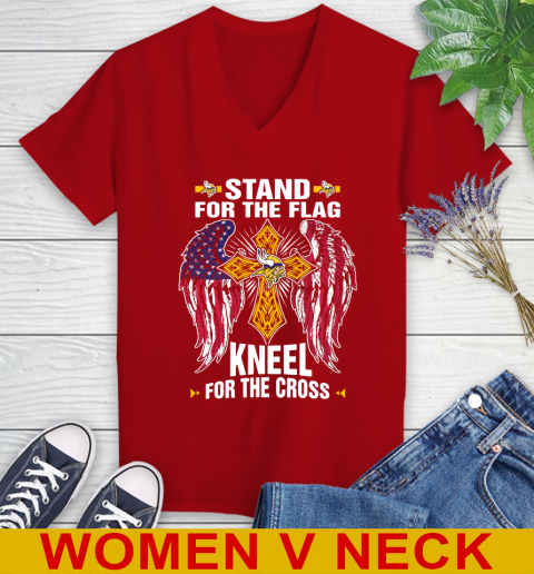 NFL Football Minnesota Vikings Stand For Flag Kneel For The Cross Shirt Women's V-Neck T-Shirt 10