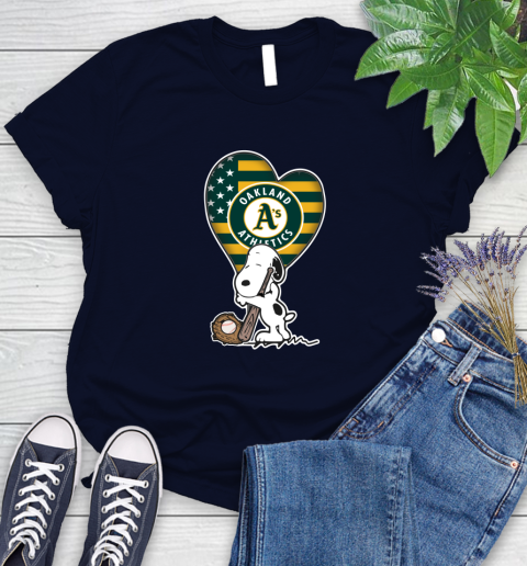Oakland Athletics MLB Baseball The Peanuts Movie Adorable Snoopy Women's T-Shirt 3