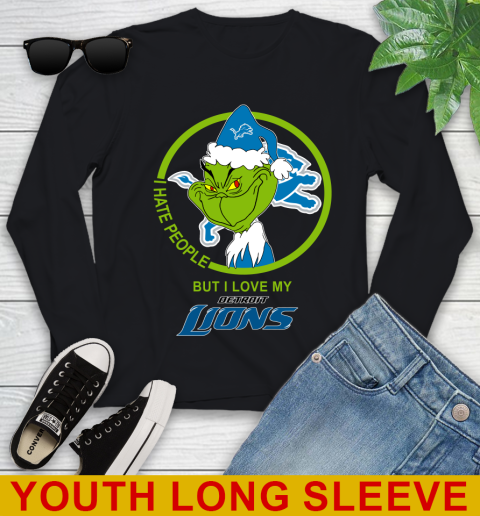 Detroit Lions NFL Christmas Grinch I Hate People But I Love My Favorite Football Team Youth Long Sleeve 2