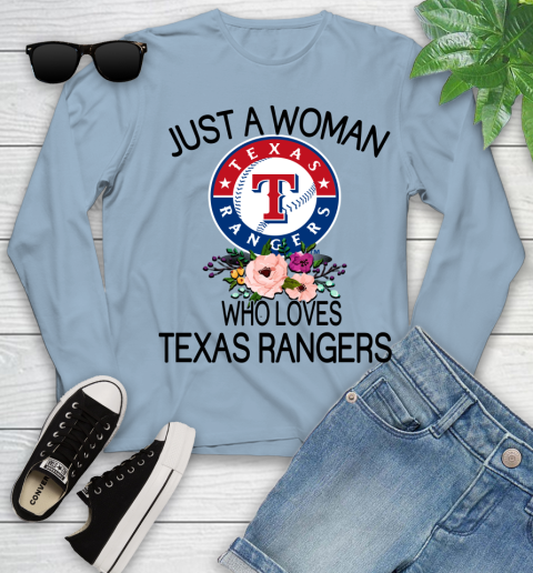MLB Just A Woman Who Loves Texas Rangers Baseball Sports Youth Long Sleeve 6