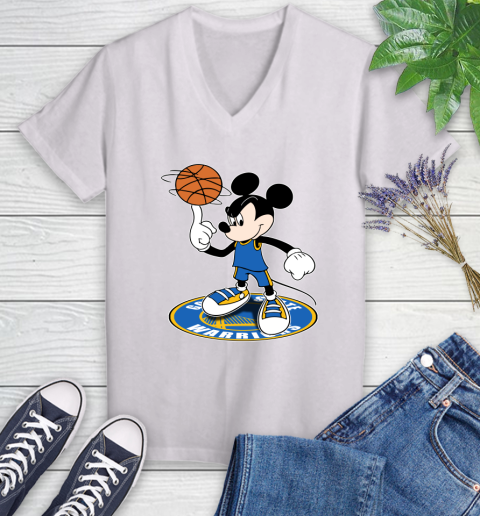 NBA Basketball Golden State Warriors Cheerful Mickey Disney Shirt Women's V-Neck T-Shirt 2