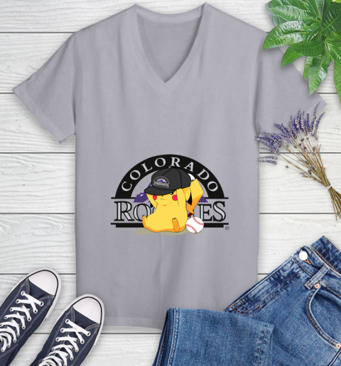 MLB Pikachu Baseball Sports Colorado Rockies Women's V-Neck T-Shirt 4