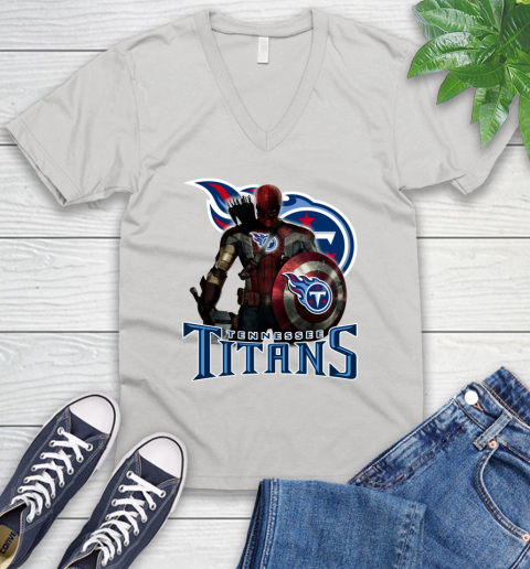 NFL Captain America Thor Spider Man Hawkeye Avengers Endgame Football Tennessee Titans V-Neck T-Shirt