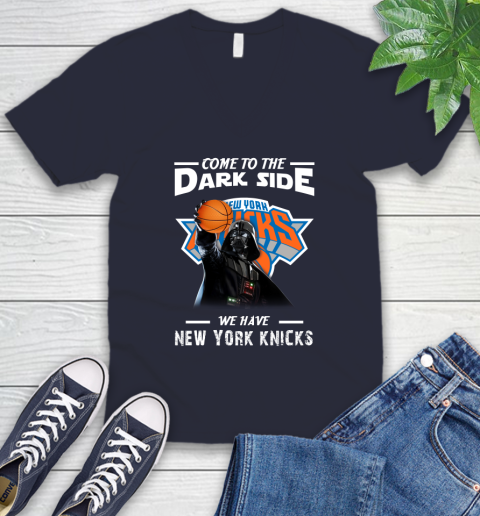 NBA Come To The Dark Side We Have New York Knicks Star Wars Darth Vader Basketball V-Neck T-Shirt 2