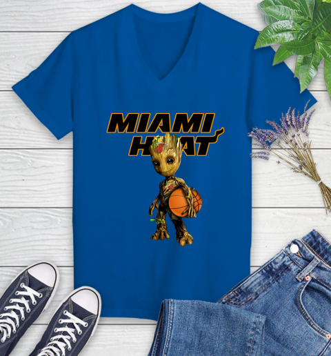 Miami Heat NBA Basketball Groot Marvel Guardians Of The Galaxy Women's V-Neck T-Shirt 10