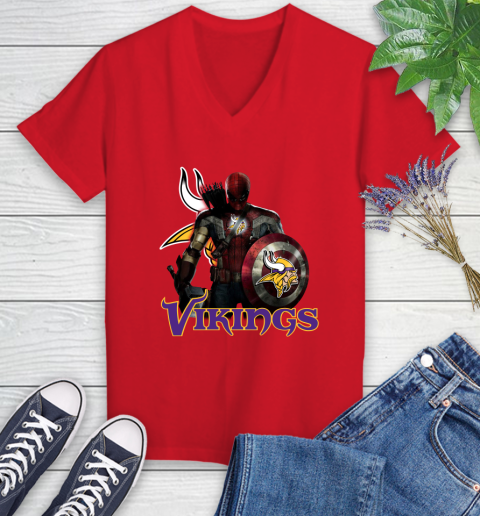 NFL Captain America Thor Spider Man Hawkeye Avengers Endgame Football Minnesota Vikings Women's V-Neck T-Shirt 12