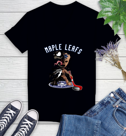 NHL Toronto Maple Leafs Hockey Venom Groot Guardians Of The Galaxy Women's V-Neck T-Shirt 2