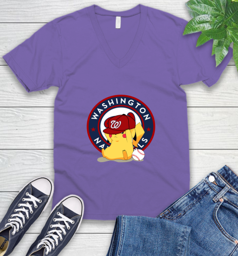 MLB Pikachu Baseball Sports Washington Nationals V-Neck T-Shirt 9