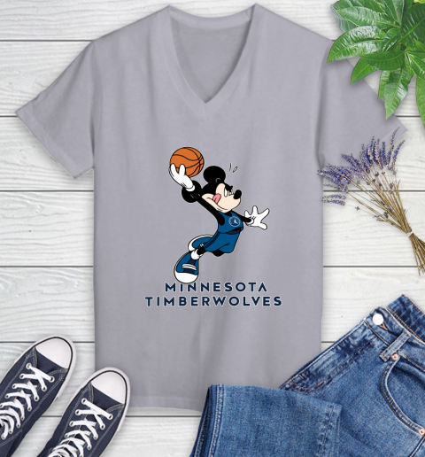 NBA Basketball Minnesota Timberwolves Cheerful Mickey Mouse Shirt Women's V-Neck T-Shirt 4