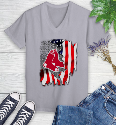 Boston Red Sox MLB Baseball American Flag Women's V-Neck T-Shirt 4