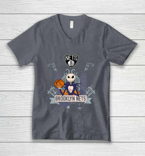 NBA Brooklyn Nets Basketball Jack Skellington Halloween V-Neck T-Shirt 4