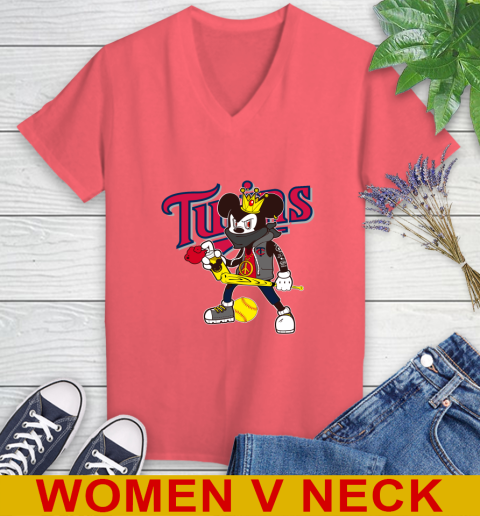 Minnesota Twins MLB Baseball Mickey Peace Sign Sports Women's V-Neck T-Shirt 7