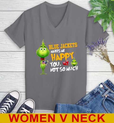 NHL Columbus Blue Jackets Makes Me Happy You Not So Much Grinch Hockey Sports Women's V-Neck T-Shirt 11