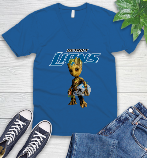 Detroit Lions NFL Football Groot Marvel Guardians Of The Galaxy V-Neck T-Shirt 6