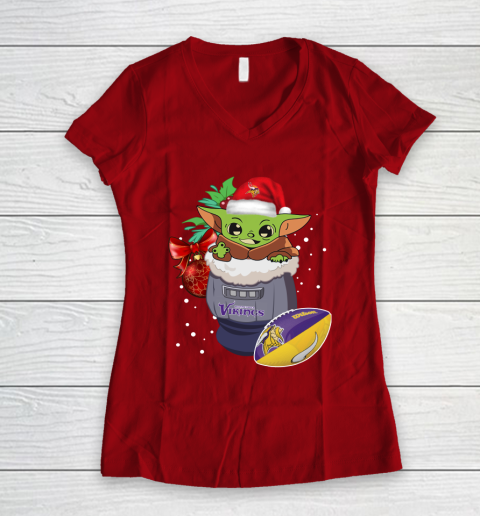 Minnesota Vikings Christmas Baby Yoda Star Wars Funny Happy NFL Women's V-Neck T-Shirt 10