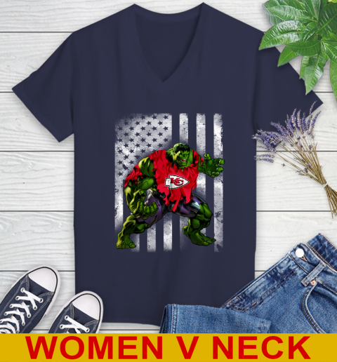 Kansas City Chiefs Hulk Marvel Avengers NFL Football American Flag Women's V-Neck T-Shirt 12